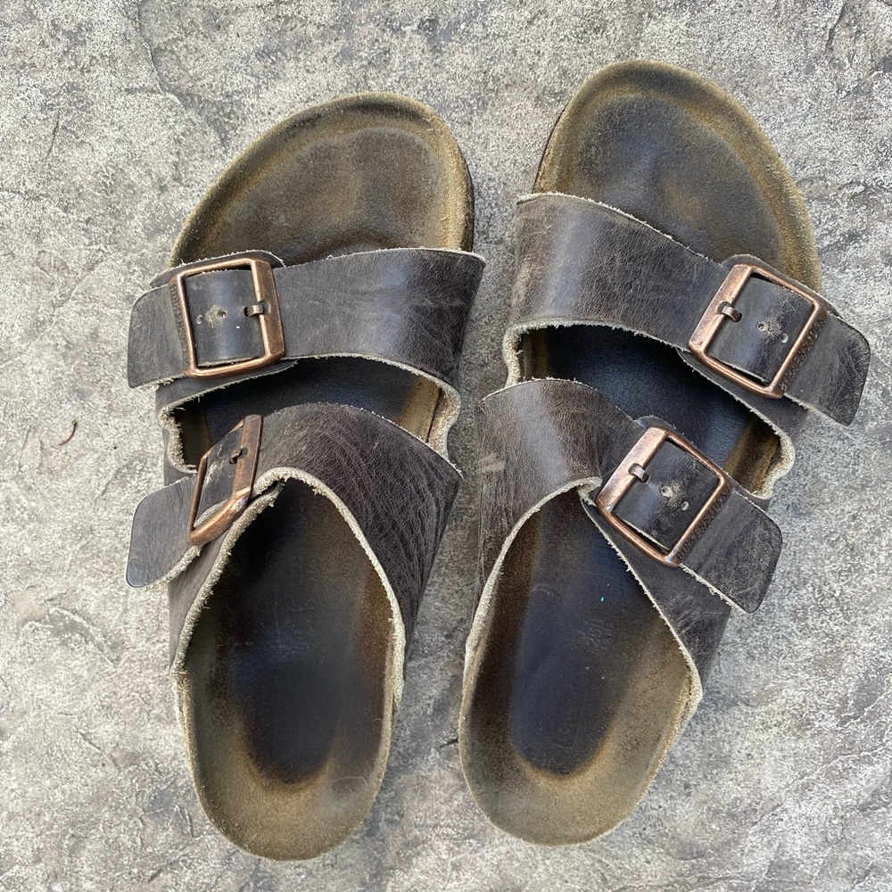 Birkenstock Double Buckle Leather Slide Sandals - Dark Brown